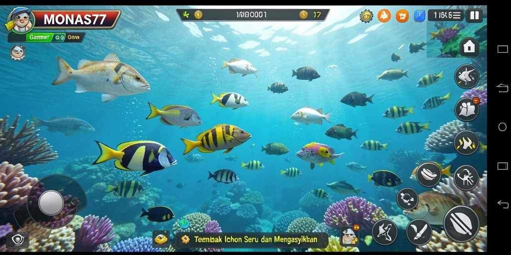Tampilan gameplay seru di MONAS77 dengan aksi tembak ikan.