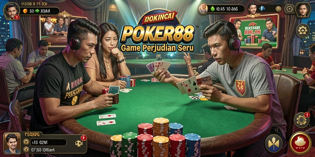 Screenshot gameplay POKER88 yang menampilkan aksi seru di meja poker.