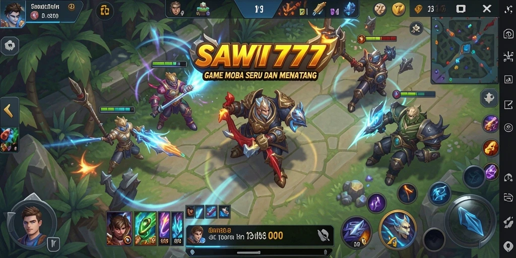 Screenshot SAWIT777 menampilkan aksi seru dalam pertempuran tim MOBA.