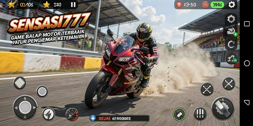 Tangkapan layar dari gameplay SENSASI777 menampilkan balatan seru dan motor kustomisasi.