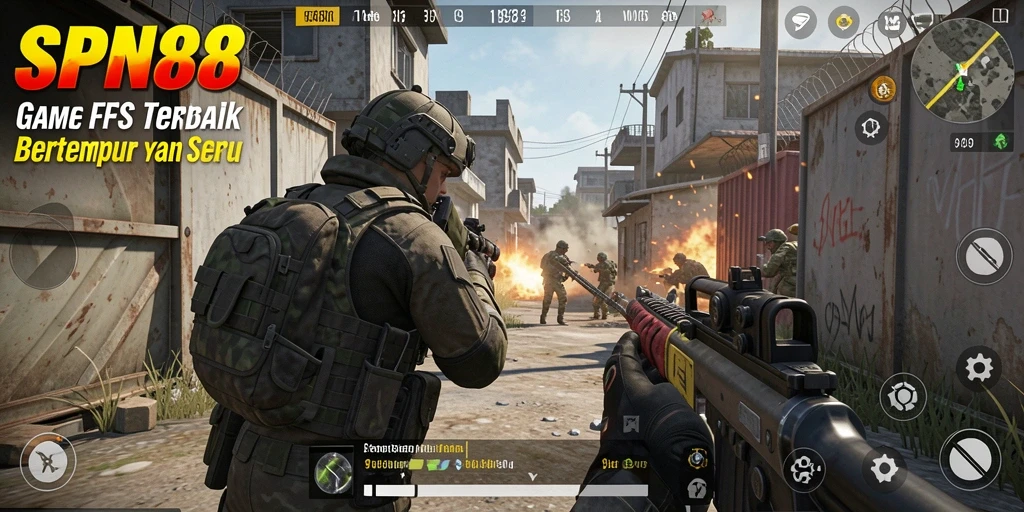 Screenshot SPN88 menampilkan intensitas pertempuran dalam game FPS.