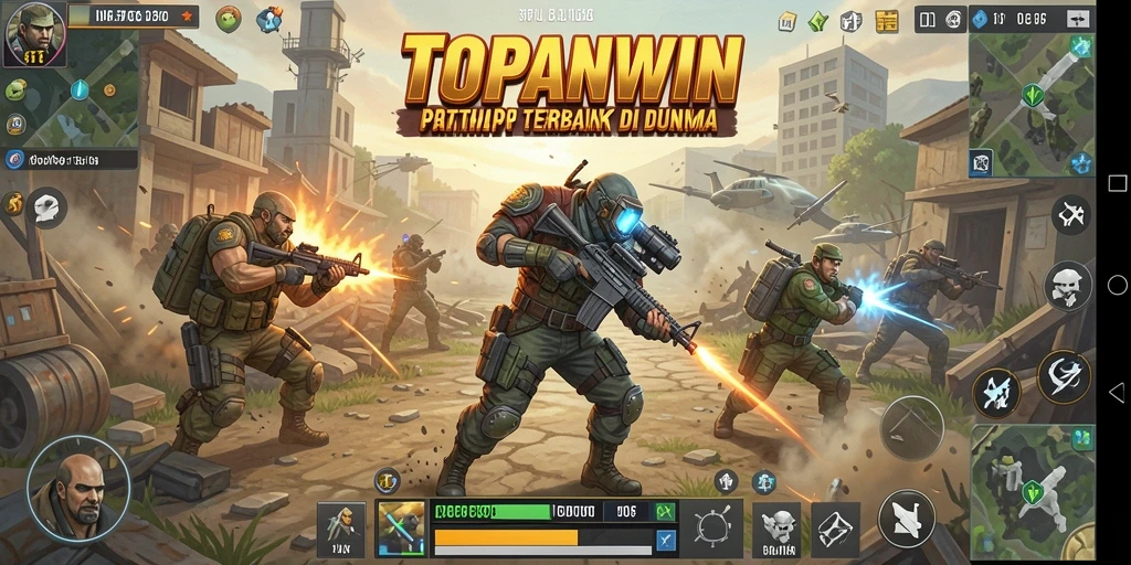 Screenshot gameplay TOPANWIN menampilkan pertempuran seru di dalam arena Battle Royale.